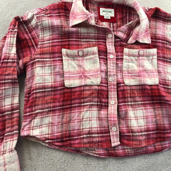 Vintage American Eagle Women's Cropped Shirt Medium Pink Plaid Long Sleeve Crop - Picture 4 of 10